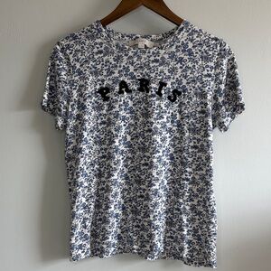 LOFT Paris Graphic Tee Blue Floral Cottagecore Short Sleeve Top